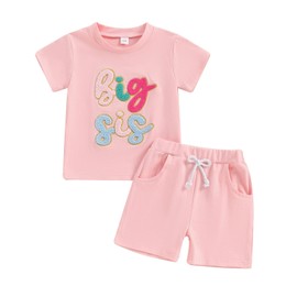 Toddler Boys Girls Big Sister Brother Little Sis Bro Matching Outfit 2PCS Shorts Set Baby T Shirt Tops and Shorts Clothes (3-4 Years, big sis 6-Pink)
