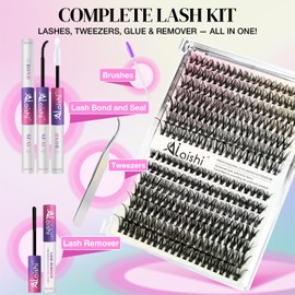 Lash Clusters Kit, DIY Cluster Eyelash Extensions 9‑16mm, 30D+40D, 280pcs Fluffy D Curl Natural Lashes with Bond & Seal,Remover,Tweezers,Brush–Fake Cat Eye Wispy Individual Clusters(MIX1-1-L)