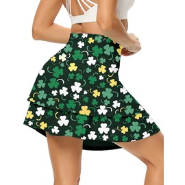 WOWENY Women's Active Skort Athletic Ruffle Pleated Tennis Skirt with Pocket for Running Golf Workout (2-Layer St-Patricks Day, L)