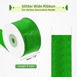 sourcing map 1.6 Inch/4cm Glitter Wired Ribbon, Green Sparkly Iridescent Ribbon 5 Yard for Christmas Tree Wreath Decoration Gift Wrapping, with Metallic Edge