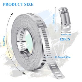 5 Metre Hose Clamps Stainless Steel, 304 Stainless Steel Hose Clamps, Hose Clamp with 12 Pipe Clamps, 5 m x 12.5 mm Mounting Clamp for Pipes