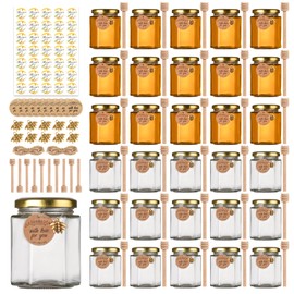 6 oz Honey Jars with Dipper, 30 Pack Hexagon Honey Jar for Baby Shower, Empty Glass Jars for Wedding Favors and Party Favors