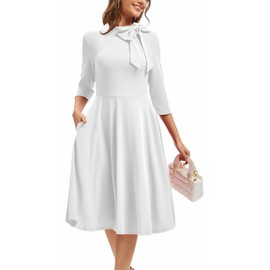 White Dress for Women Elegant 3/4 Sleeve Vintage A-Line Flare Hem Prom Cocktail Party Swing Dresses with Pocket 6441 White-A_Small