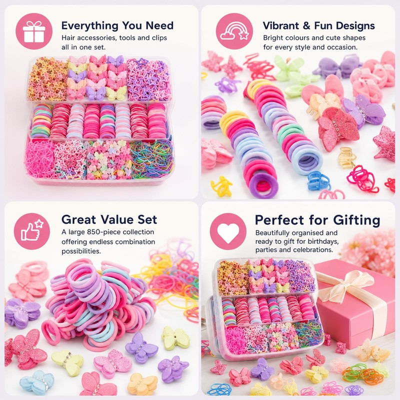 855pcs Hair Accessories, Hair Bands and Clips Set