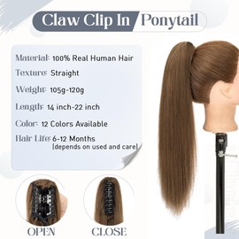 Rich Choices Claw Clip Ponytail Extension Real Human Hair Clip In Long Remy Ponytail Hair Extensions Straight For Women #4R Natural Brown 16 Inch