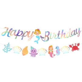 HUKUMA Happy Birthday Garland, Mermaid Decoration Children's Birthday Girl, Mermaid Happy Birthday Banner, Children's Birthday Decoration, Birthday Garland Children's Decoration, Birthday Decoration 1