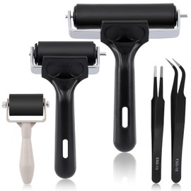 Hilitchi 5Pcs 1.4" 2.4" 4" Rubber Roller Brayer Rollers Set with Tweezers, Black Rubber Glue Roller Rubber Brayer for Printmaking Wallpapers Gluing Application