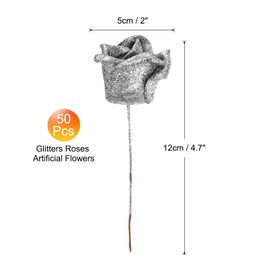 uxcell 50pcs Glitters Roses Artificial Flower, Fake Roses with Stems Foam Real Touch Faux Roses for Wedding Party Office Shower Home Decoration, Silver