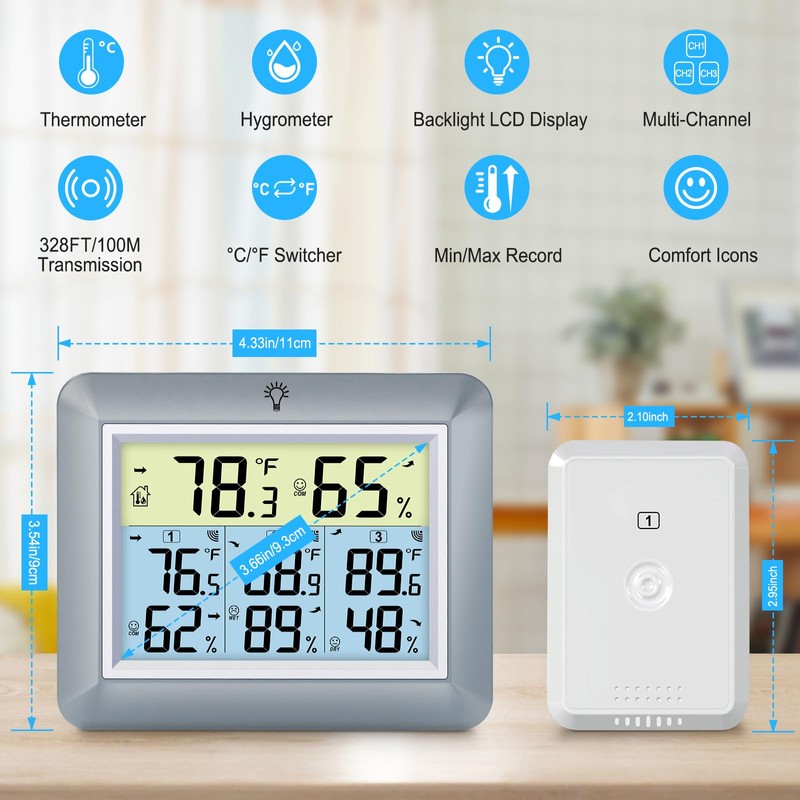 Urageuxy Weather Station Wireless Indoor Outdoor Thermometer with 3 Sensors,