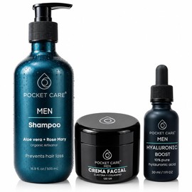 Kit Cuidado Personal Hombre 3 en 1 POCKET CARE – Shampoo Anticaída y Crecimiento Capilar con Romero, Sábila y Menta + Crema Facial Antiarrugas con Colágeno + Sérum Ácido Hialurónico 10% – Hidratación Facial y Cabello Fuerte