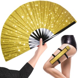 OMyTea - Abanico grande con purpurina para bailar en línea con funda - Botas plegables en el piso - Abanico de mano plegable de 13 pulgadas - para EDM, festival de música, destellos calientes, fiesta