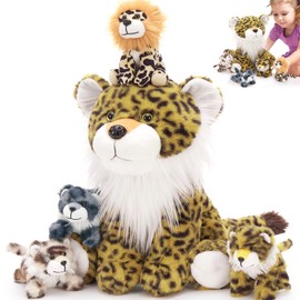 MaoGoLan 5 Pcs Cheetah Stuffed Animals with Babies, Large Leopard Plushies Toys,Mother and Baby Cheetah Stuffed Animal,Leopard Plush with 4 Cubs for Kids, Christmas Birthday Gifts Sitting Style
