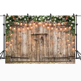 Riyidecor Rustic Backdrop Polyester Fabric Barn Door Photography Backgrounds 7Wx5H Feet Western Wood Plank Green Grass Leaves Flower Rose Light Photography Background Wedding Photo Studio Shoot