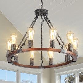 GlowHub Farmhouse Wagon Wheel Chandelier Black Round Chandelier 10 Lights for Dining Room 24” Rustic Iron Hanging Pendant Light for Bedroom Living Room Entry