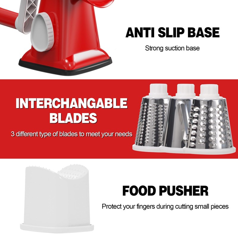 Cheese Grater Cheese Shredder with 3 Interchangeable Blades, Rotary Cheese