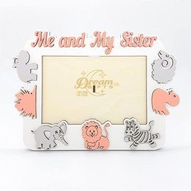 Me and My Sister Baby Hand Made Wooden Photo Frame Gift for Tabletop or Wall - Zoo (Peach)