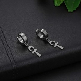 Flongo Women's Earrings Stainless Steel Creolon Rubber Fake Tunnel Screw Stud with Cross Crucifix Chain Pendant Earrings Gothic Punk for Women Men Black Silver Gold Set, Stainless Steel