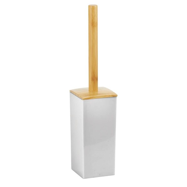 mDesign - Escobilla de baño cuadrada de bambú compacto y soporte para almacenamiento y organización, mango de bambú/base de plástico, ahorro de espacio, resistente, limpieza profunda - gris/natural