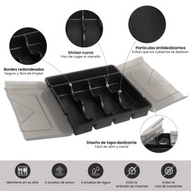 Organizador Cubiertos para con Tapa,Cajas para Organizar Los Cubiertos,Caja de Cubiertos para Cajón de Cocina,Organizador de cajón de Plástico para Cuchillos,Tenedores,Cucharas,5 Compartimentos