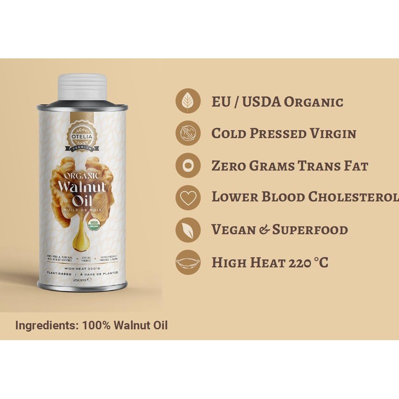 Otelia Organic Cold Pressed 100% Pure Walnut Oil, Rich in