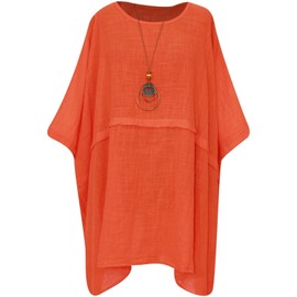 George Hilton New Italian Tops Ladies Italian Quirky Cotton Top Women Plain Summer Top with Necklace Tunic Dress Casual Wear One Size 16-26 UK (Orange)