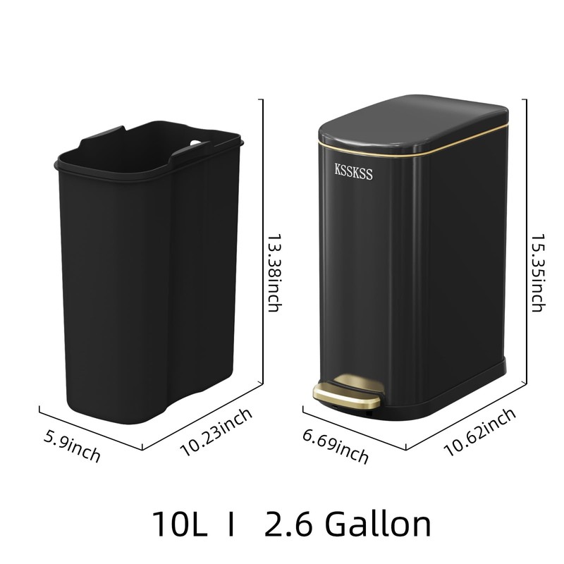 KSSKSS 2.6 Gallon Slim Bathroom Trash Can with Soft-Close Foot
