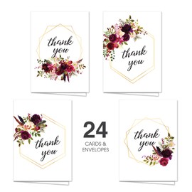 Canopy Street Fall Floral Thank You Notes / 24 Appreciation Cards And White Envelopes / 4 Thanks Flower Frame Note Card Designs / 3 1/2" x 4 7/8" Thank You Greeting Cards/Made In The USA