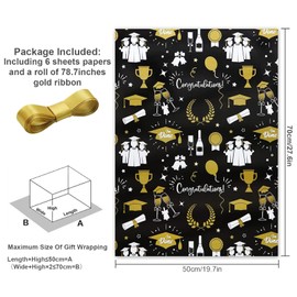 NEPOG 2024 Graduation Gift Wrapping Papers, 6 Sheets Black and Gold Gift Wrap Papers, 20 x 28 inch per sheet Folded Paper with 1 Roll Gold Ribbon for Graduation Party Gift Wrap DIY Craft