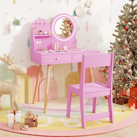 HONEY JOY Kids Vanity, Little Girls Vanity Set with Mirror and Stool and Lights, Drawers, Toddler Makeup Vanity Dressing Table, Wooden Pretend Play Kids Vanity Table and Chair Set (Pink)