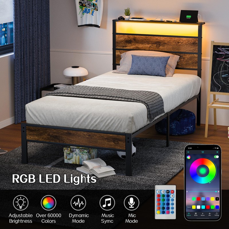 Liians Twin Bed Frame with Storage Headboard USB Charging Station,