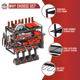 Heavy-Duty Power Tool Organizer Wall Mount - 4-Layer Cordless Drill Storage Rack with Screwdriver, Plier & Hammer Holders - Durable Garage & Workshop Tool Storage for DeWalt & Other Brands
