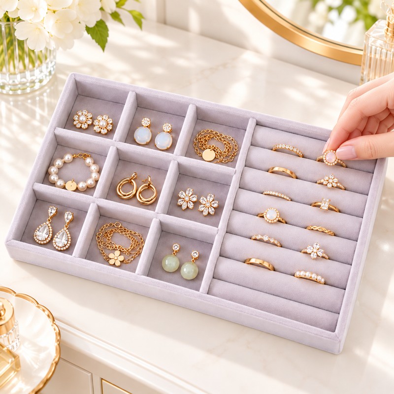Velvet Jewelry Organizer Tray for Jewelry Storage – 6 Grid,