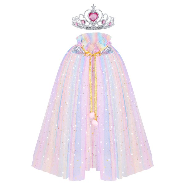 ACWOO Princess Cape for Girls, Colorful Princess Cloak with Crown, Princess Elsa Fancy Dress Up Sparkling Sequins Tulle Princess Cape Set for Halloween Birthday Party Cosplay (Rainbow, L)