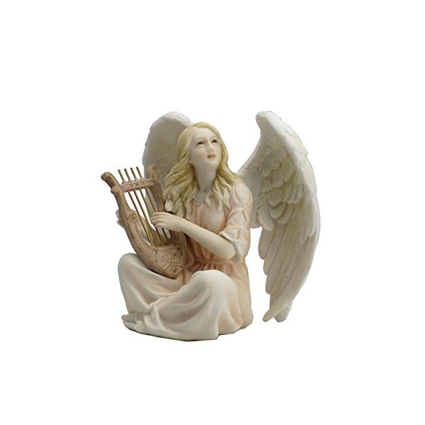 4.5 Inch Poly Stone Angel Sitting with Lyre Figurine Statue Decor