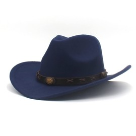 Faringoto Navy Blue Cowboy Hat Men with Leather Wide Belt Felt for Party