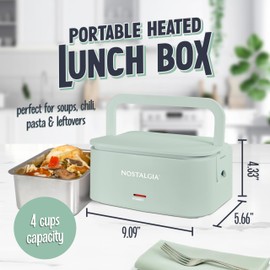 Nostalgia 32-Ounce Heated Electric Lunch Box – Travel Size 4 Cup Capacity for Soup, Pasta, and Leftovers – Leak-Proof Silicone Sealed Lid, Foldable Carry Handle, Detachable Cord – Sage