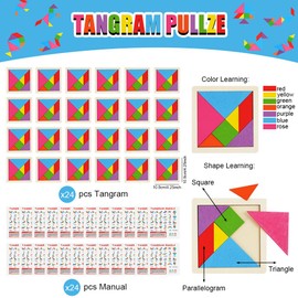 Ainiv 24PCS Tangram Puzzles for Kids, Wooden Puzzle for Kids, Building Blocks Puzzle Game, Montessori Educational Learning Toys for 3+ Girls Boys, Mastermind Tangram Game for Birthday, Christmas