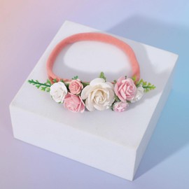 MADENG Baby Flower Headband - Newborn Birthday Baby Shower Party Decorations, White Pink Floral Headband, Baby Girl Floral Headband Photo Prop, Newborn Flower Elastic Headdress