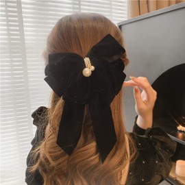 Jumwrit Large Bow Hair Clip Strong Hold Bow Hairpin Hair Barrette Vintage Pearl Bowknot Hair Clip French Design Hair Styling Accessories for Women Girls（Black）