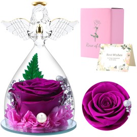 Eternal Rose Angel, Gifts for Women, Preserved Red Real Rose, Glass Angel, Unique Gifts, Birthday Gift for Women, Mother, Sister, Girlfriend, Wife (Purple)