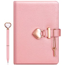 Heart Shaped Lock Diary with Key + Heart Diamond Pen Set for Girls PU Leather Cover Journal Personal Planner Organizers Secret Notebook for Women (Pearl Pink, B6(18 * 13.5CM))