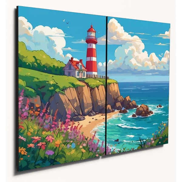 The Plum Penguin Coastal Bluff Lighthouse & Wildflowers Wooden Wall