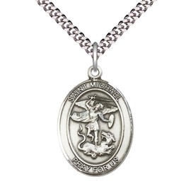 Mens Sterling Silver Saint Michael the Archangel Medal Pendant on 24" Rhodium Plated Heavy Curb Brass Chain w/ Lobster Claw clasp, Catholic Religious Necklace -Made in USA- Velvet Gift Box