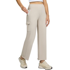 Casei Womens Cargo Pants, Wide Leg Yoga Pants High Waist Stretch Casual Pants with Pockets Business Travel Work Khaki L