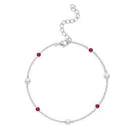 E 925 Sterling Silver Ankle Bracelet for Women, Dainty Cubic Zirconia Pearl Beaded Adjustable Anklet for Beach Party (07 - Simulated Ruby - July)