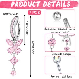 7 Pcs Belly Button Bars, Stainless Steel Belly Button Piercing, Hypoallergenic Belly Bars Flower Heart Butterfly Bow Dangly Belly Button Bars Belly Piercing for Womens Girls