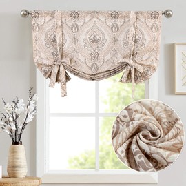 jinchan Tie Up Valance for Kitchen Living Room Damask Printed Paisley Rod Pocket Drapes Multicolor Medallion Flax Window Curtain 1 Panel 45 inches Long Taupe