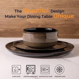 LeRATIO Ceramic Dinnerware Set of 4, Poreclain Plates, Bowls, Handmade Reactive Glaze Dishes, Chip Resistant, Oven & Dishwasher Safe, Service for 4-Chestnut