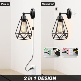 BUBYVV Retro Plug in Wall Sconces,Industrial Wall Sconces Set of Two with 6 FT Cord,Vintage Wall Lamp with On/Off Switch,Matte Black Sconces Wall Lighting,Wall Light Fixtures for Bedroom (Black-1p)
