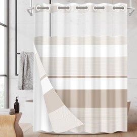 Nesphy No Hook Beige Shower Curtain with Snap in Fabric Liner Set, Boho Striped Modern Double Layers Waterproof Fabric with See Through Top Window Open Grommet Bath Curtain 71x74 Inch
